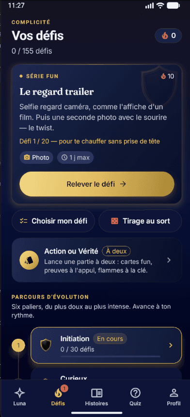 Écran Défis de l’app Ozer : défi du jour et parcours d’évolution