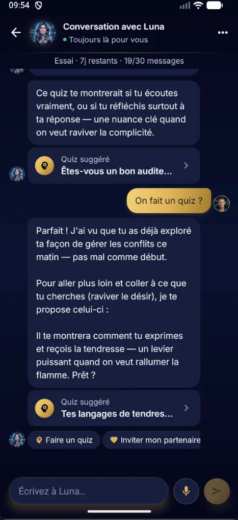 Capture Ozer — conversation avec Luna dans la messagerie de couple